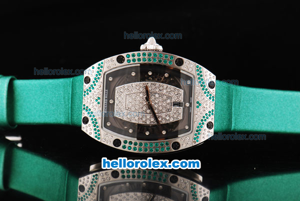 Richard Mille RM007 Automatic Movement Silver Case with Diamond Hour Marker and Diamond Bezel-Green Leather Strap - Click Image to Close